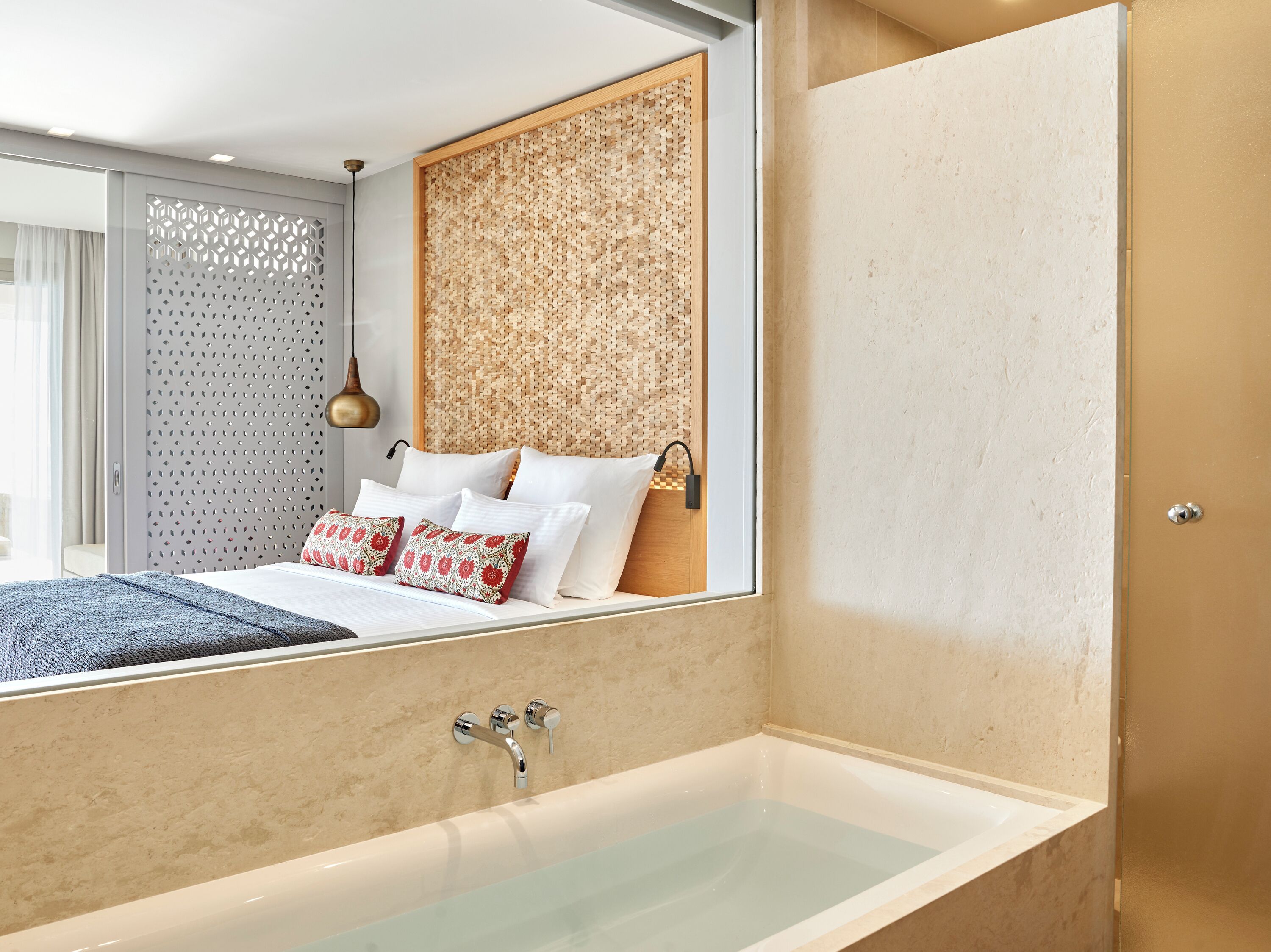 family room swim up sea view | bathroom | designer toiletries, hair dryer, bathrobes, slippers