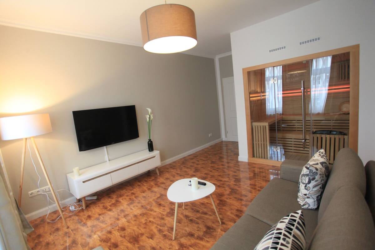 Deluxe Apartment, Sauna | Living area | 44-inch Smart TV with cable channels, TV
