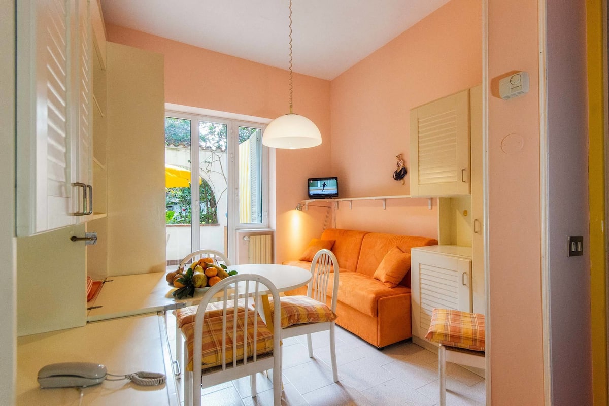 Un espacio habitable compacto con comedor, sofá y televisor.