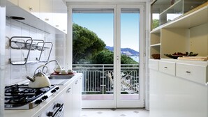 Een moderne keuken met een gasfornuis, witte kasten en uitzicht op een balkon met een hekwerk en groen.