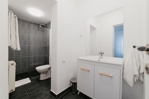 A modern bathroom with a shower, toilet, and vanity. - Meteor Central (Cluj-Napoca)