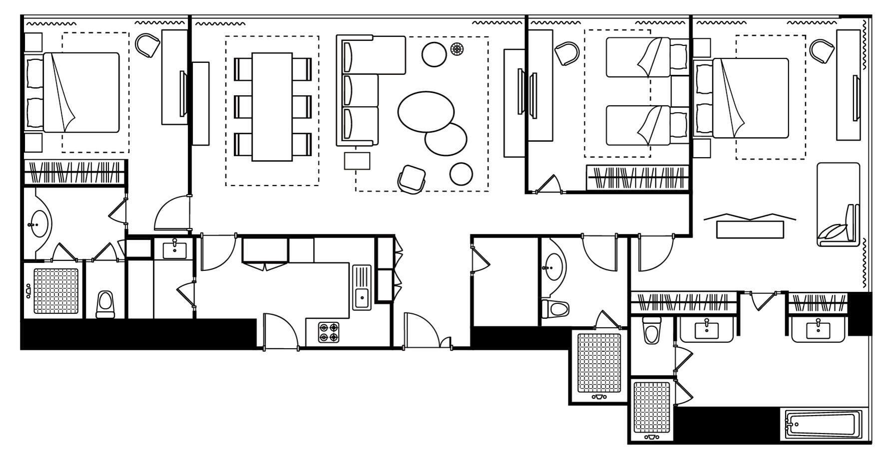 A floor plan with a kitchen, dining area, two bedrooms, and a bathroom.