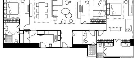 A floor plan with a kitchen, dining area, two bedrooms, and a bathroom.