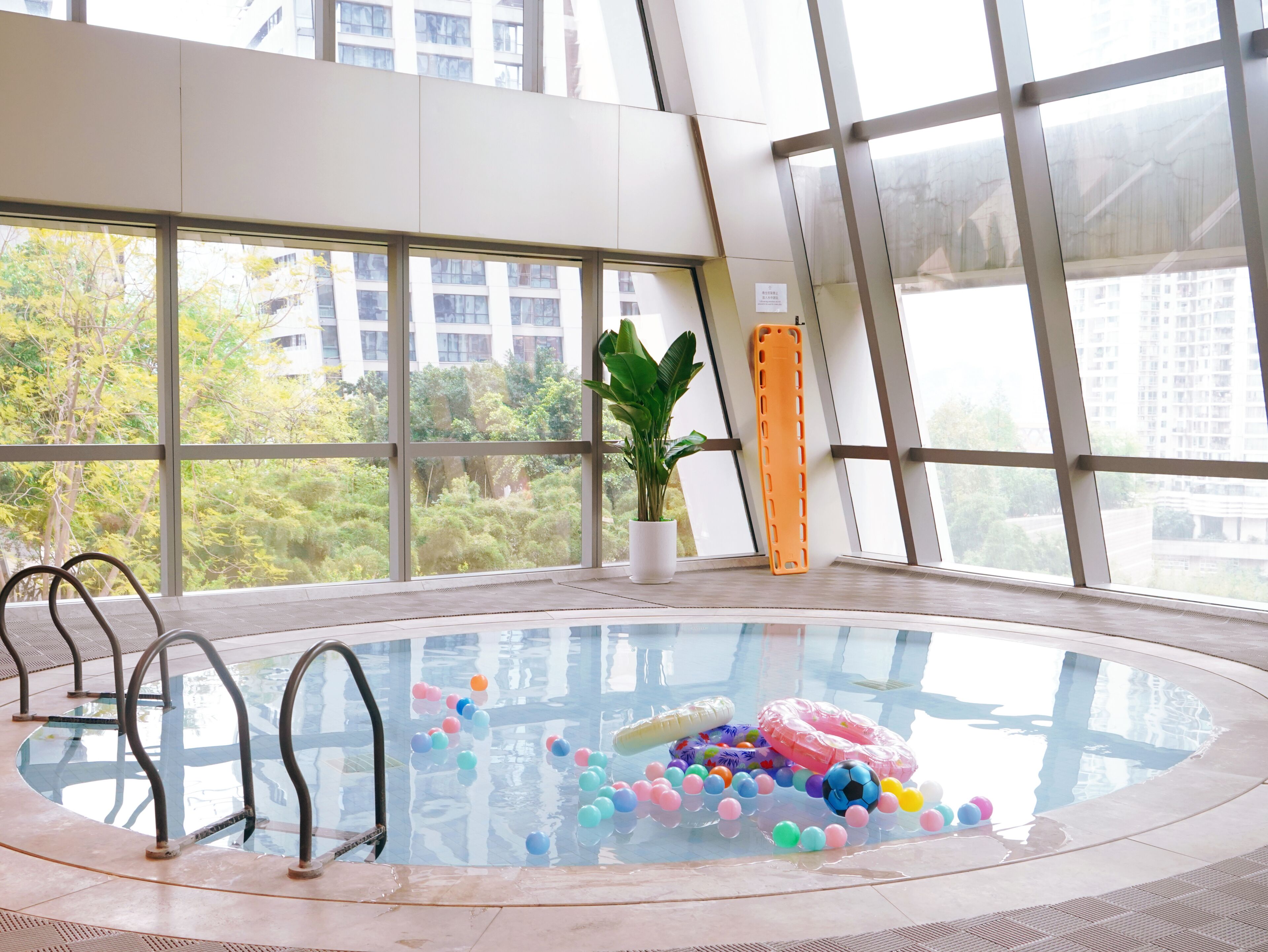 An indoor swimming pool with clear glass walls, a potted plant, and a yellow towel rack.