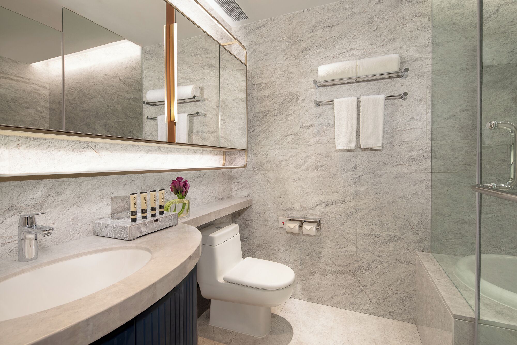 Un baño moderno con pared de mármol, cabina de ducha de vidrio, inodoro blanco y tocador con lavabo y artículos de aseo.