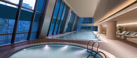 Indoor pool, open 7:30 AM to 9:30 PM, pool loungers