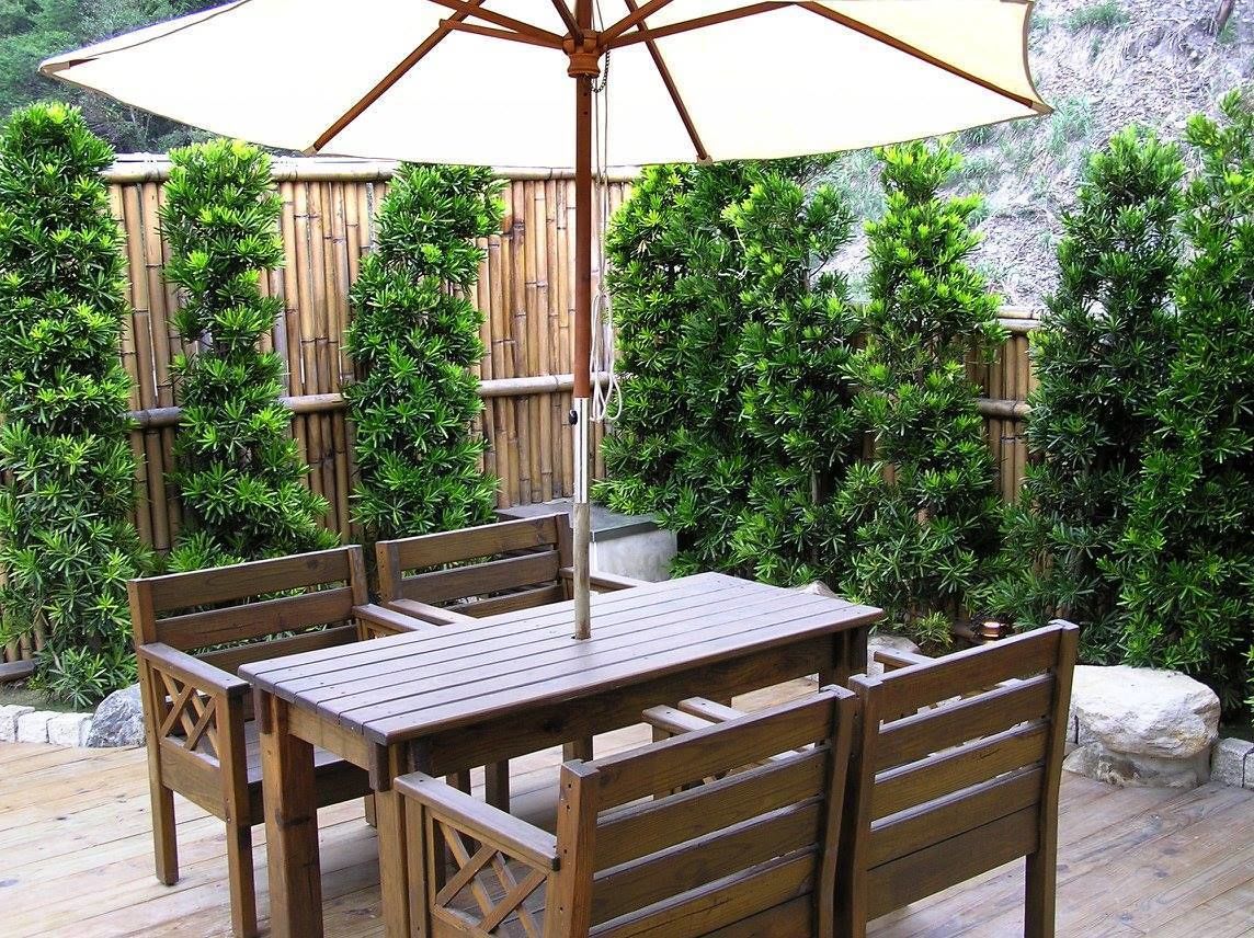 A wooden deck with a table and chairs, surrounded by bamboo fencing and lush greenery.
