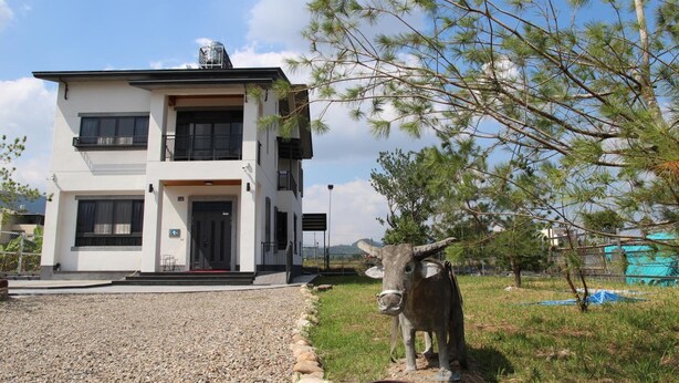 A two-story building with a modern design, a gravel driveway, and a tree with pine branches. - Morning Homestay (Puli)