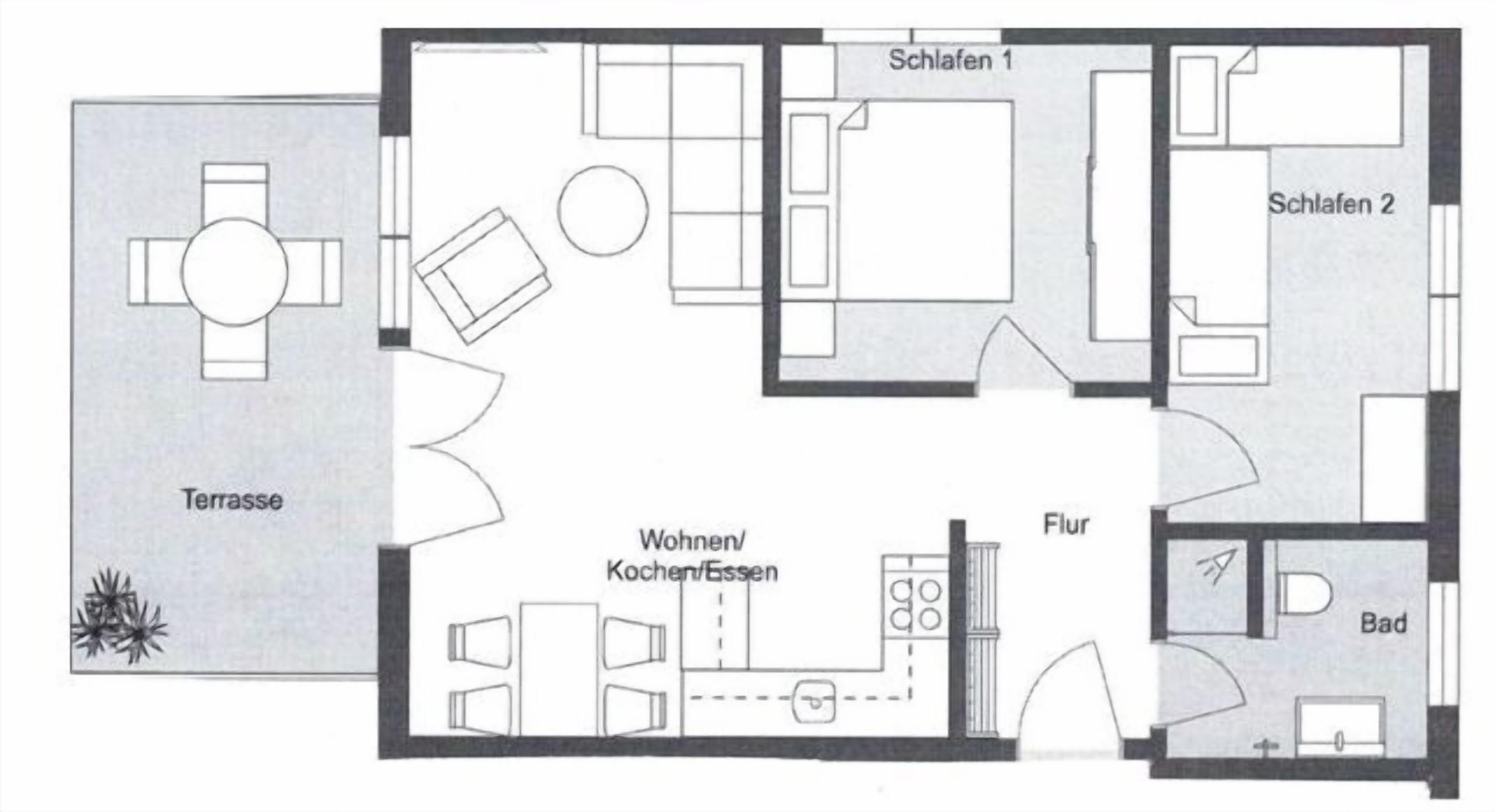 Plano de planta con terraza, dos dormitorios, sala de estar, cocina y baño.
