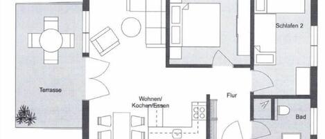 Plano de planta con terraza, dos dormitorios, sala de estar, cocina y baño.