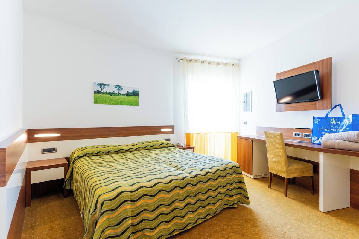 A hotel room with a bed, desk, chair, TV, and a picture on the wall.