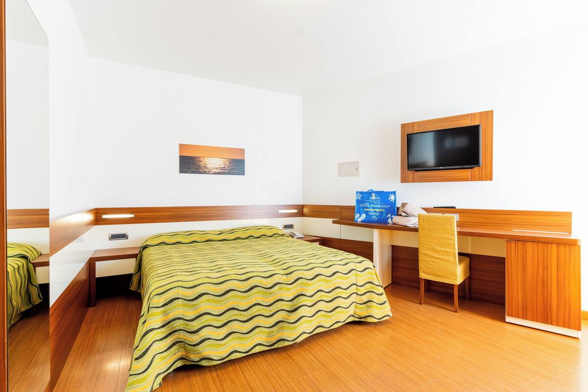 A hotel room with a bed, a desk, a chair, a TV, and a framed picture on the wall.
