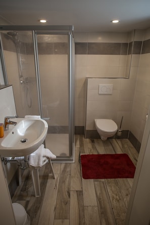 A bathroom with a glass-enclosed shower, a sink, a toilet, and a red rug on the floor.
