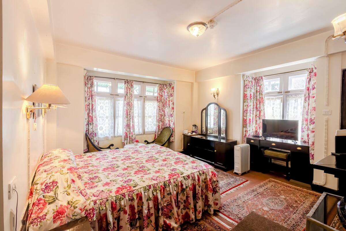 Une chambre à coucher avec un lit, un bureau, une chaise, un téléviseur et un radiateur.
