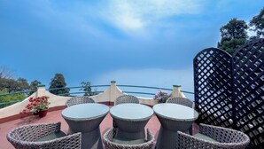 A terrace with wicker furniture and potted plants. - Windamere Hotel (Darjeeling)