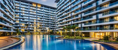 Outdoor pool, open 11:00 AM to 9:00 PM, sun loungers