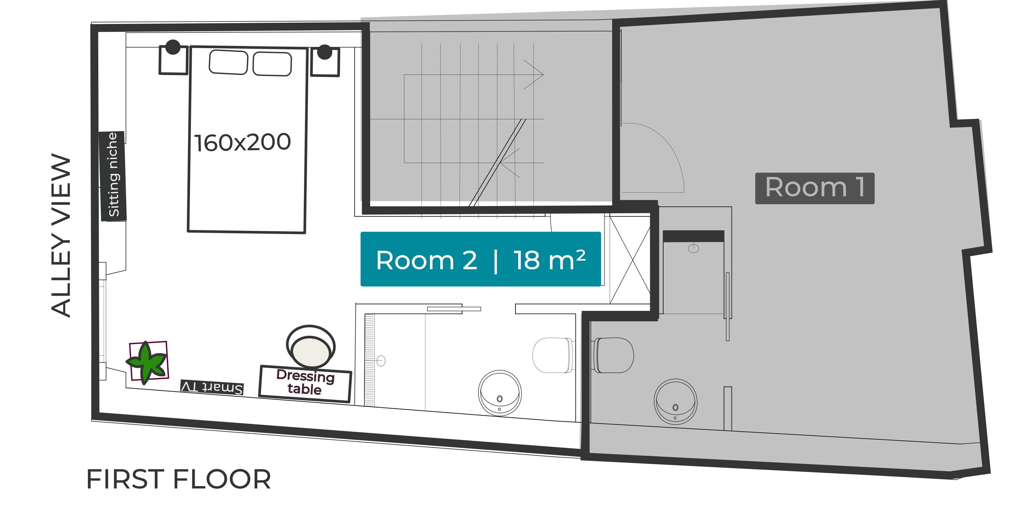 Plano de planta de la primera planta con rincón de estar, televisor inteligente, tocador y habitación de 160x200. La habitación 1 tiene 18 m².