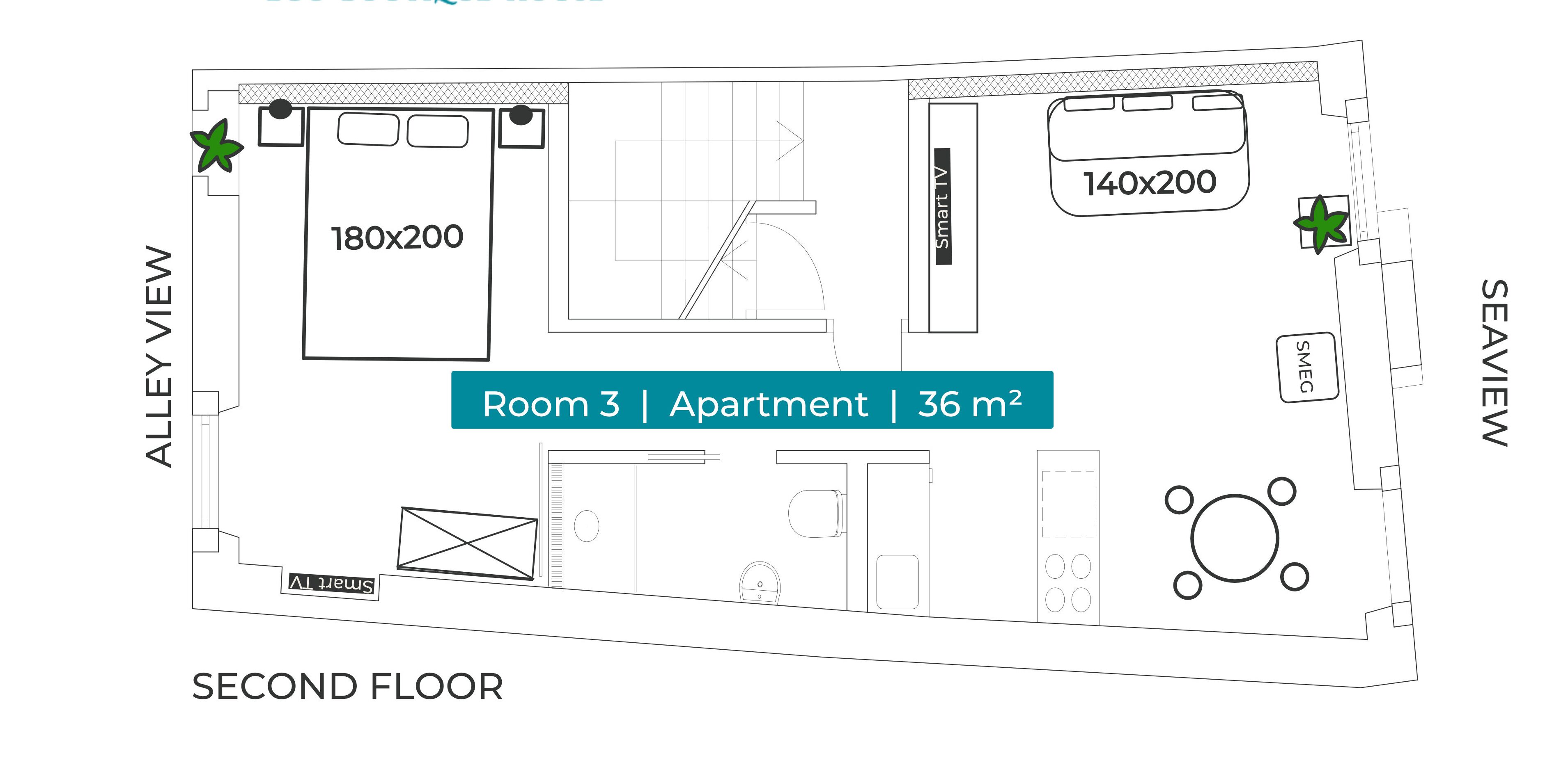 Plano de piso de un apartamento con una habitación de 180x200, otra de 140x200 y un salón de 36 metros cuadrados.