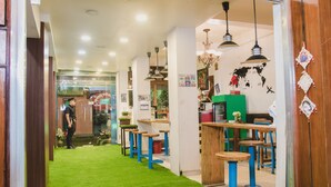 A corridor with artificial grass leading to a bar area with stools and hanging lights. - Hotel Four Eyes (Kathmandu)