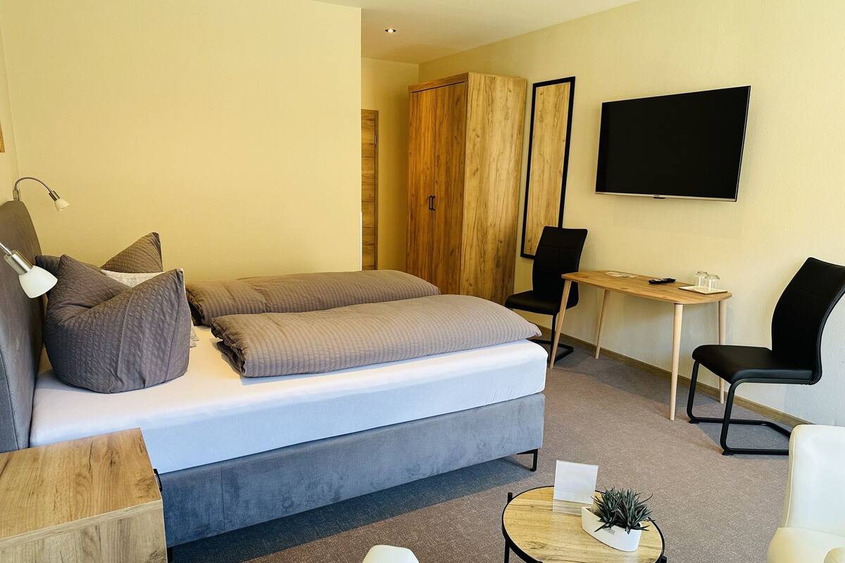 A modern hotel room with a bed, a desk, a chair, a TV, and a small table with a plant.