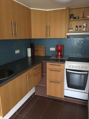 Studio (B) | Private kitchen | Fridge, microwave, oven, stovetop - Sólheimar Studio Apartments (Isafjordur)