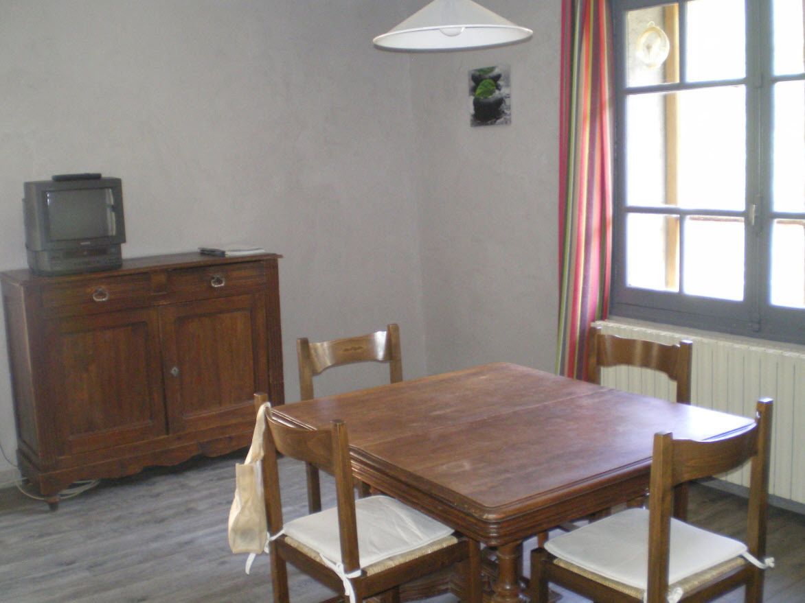 A dining area with a wooden table and chairs, a television on a cabinet, a window with curtains, and a small plant on the wall.