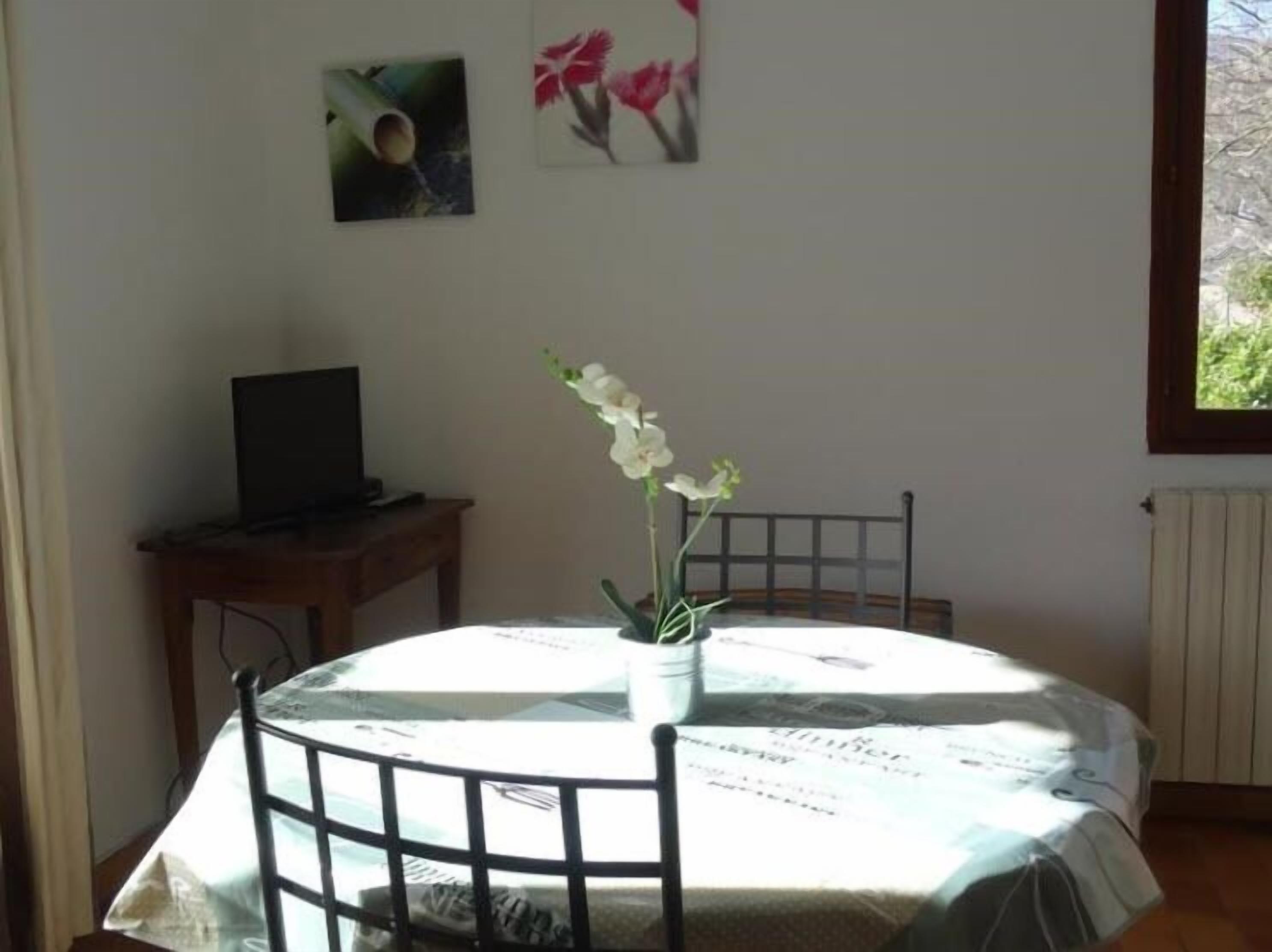 A dining area with a table, chairs, a vase with flowers, a television on a stand, and artwork on the wall.