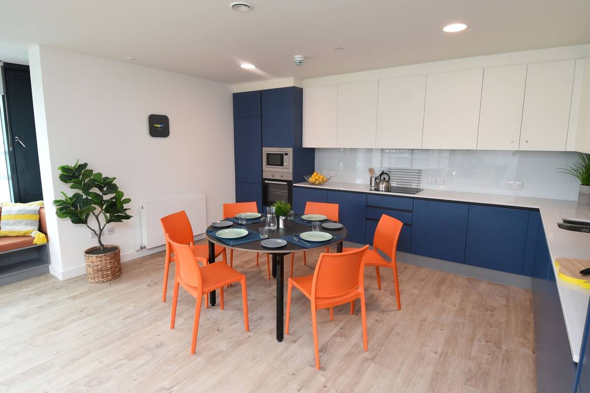Une cuisine moderne avec des meubles de rangement bleus, une table à manger avec des chaises orange et une plante en pot.