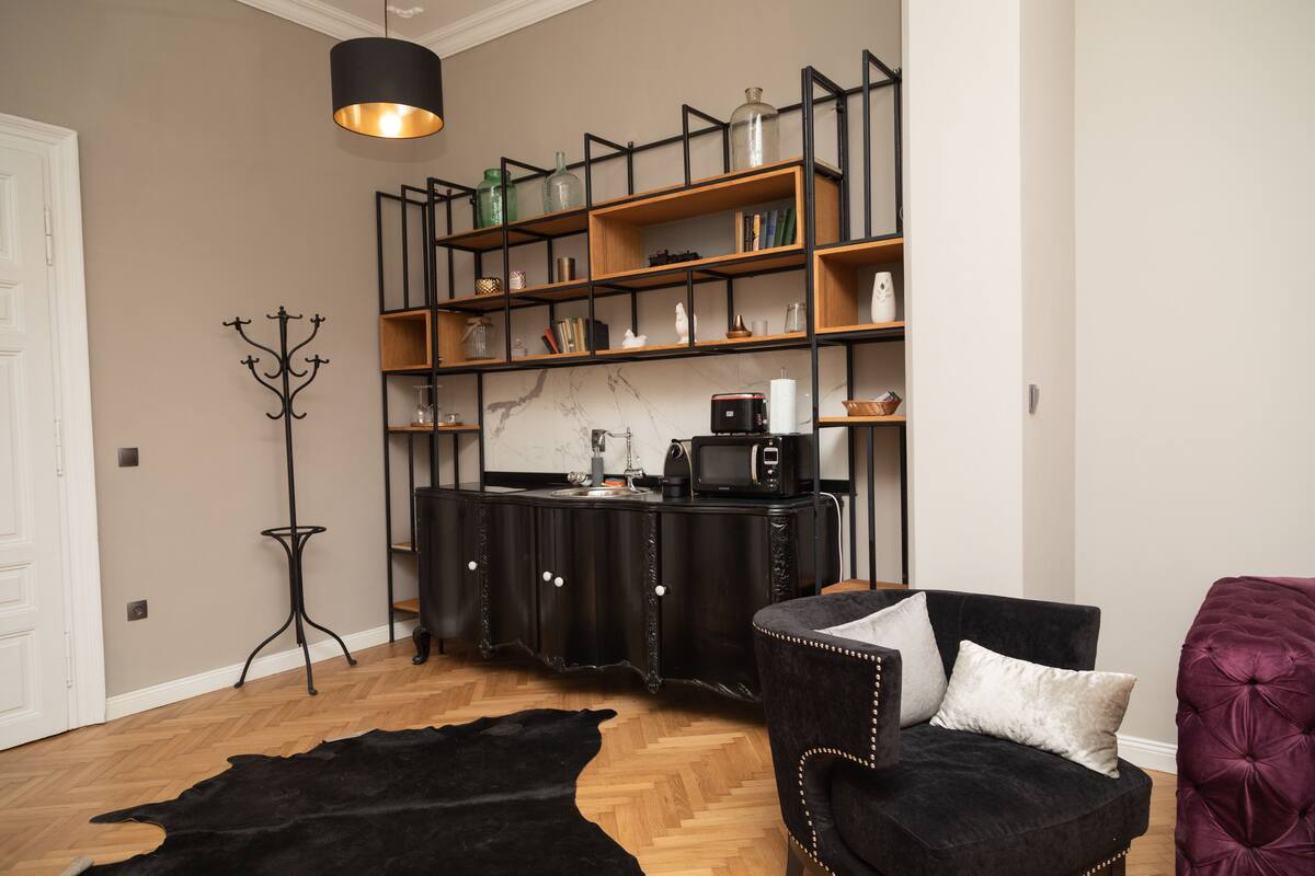 A modern living room with a black sofa, a black armchair, a black coffee table, a black rug, a black bookshelf, and a black side table.