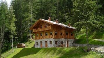 A two-story wooden cabin with stone foundation, surrounded by a forested hillside.
