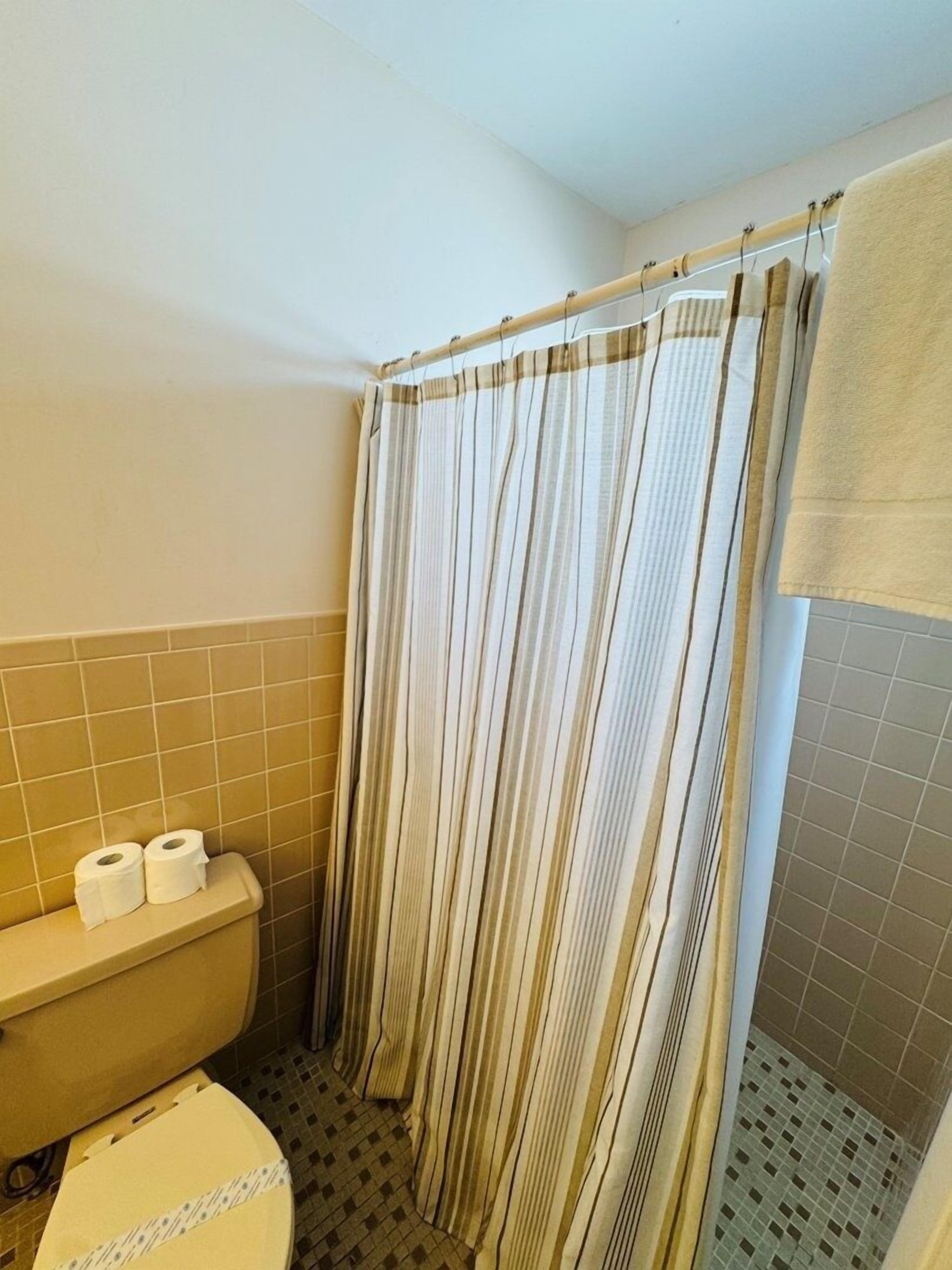 Une salle de bain équipée de toilettes, de deux rouleaux de papier toilette, d’un rideau de douche et d’une serviette accrochée au mur.