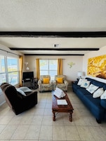 A living room with a black sofa, a blue sofa, a wooden coffee table, two armchairs with yellow cushions, and a TV on a stand.