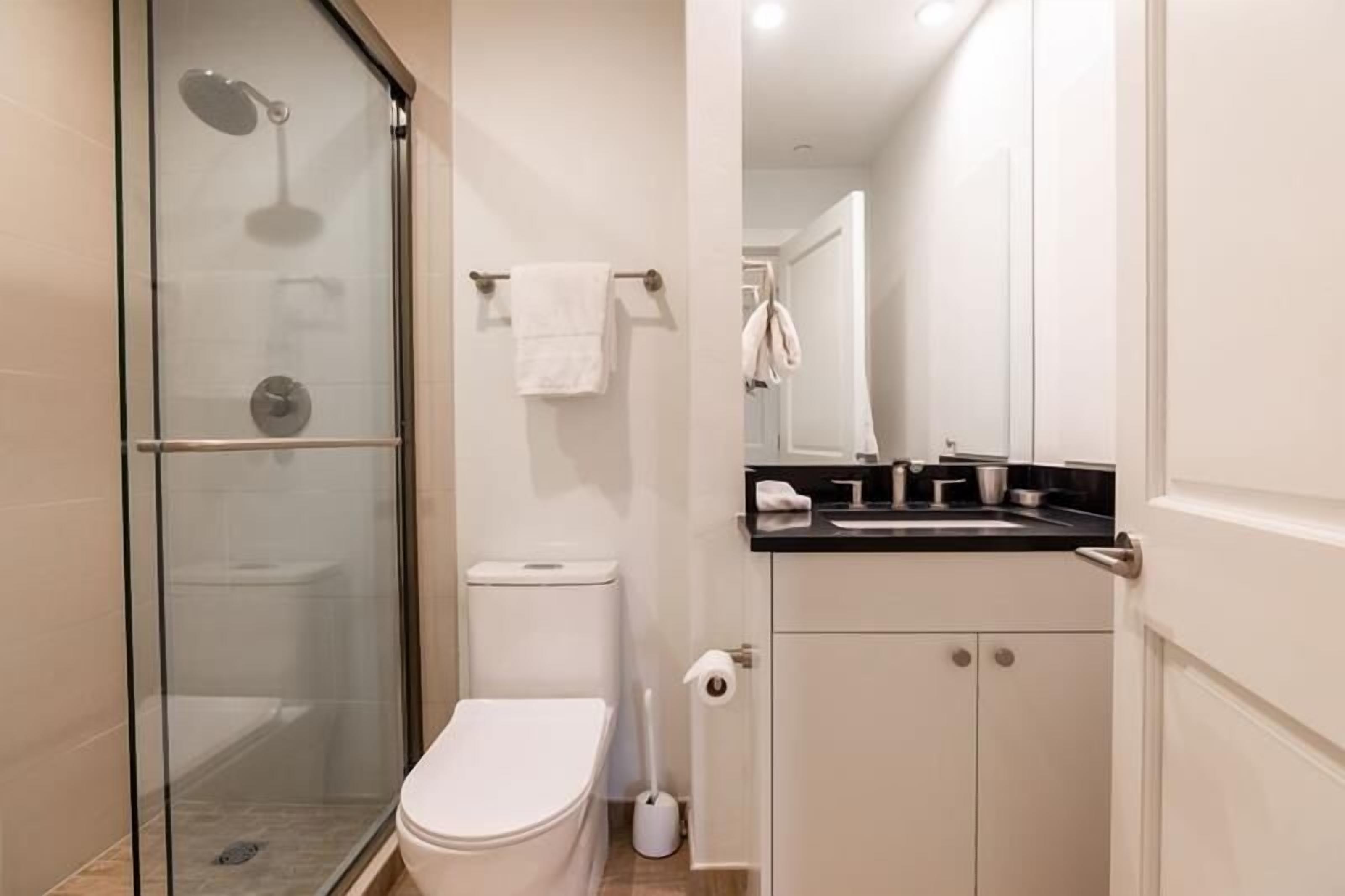 Une salle de bain moderne avec une douche à parois de verre, des toilettes et un lavabo surmonté d’un miroir.