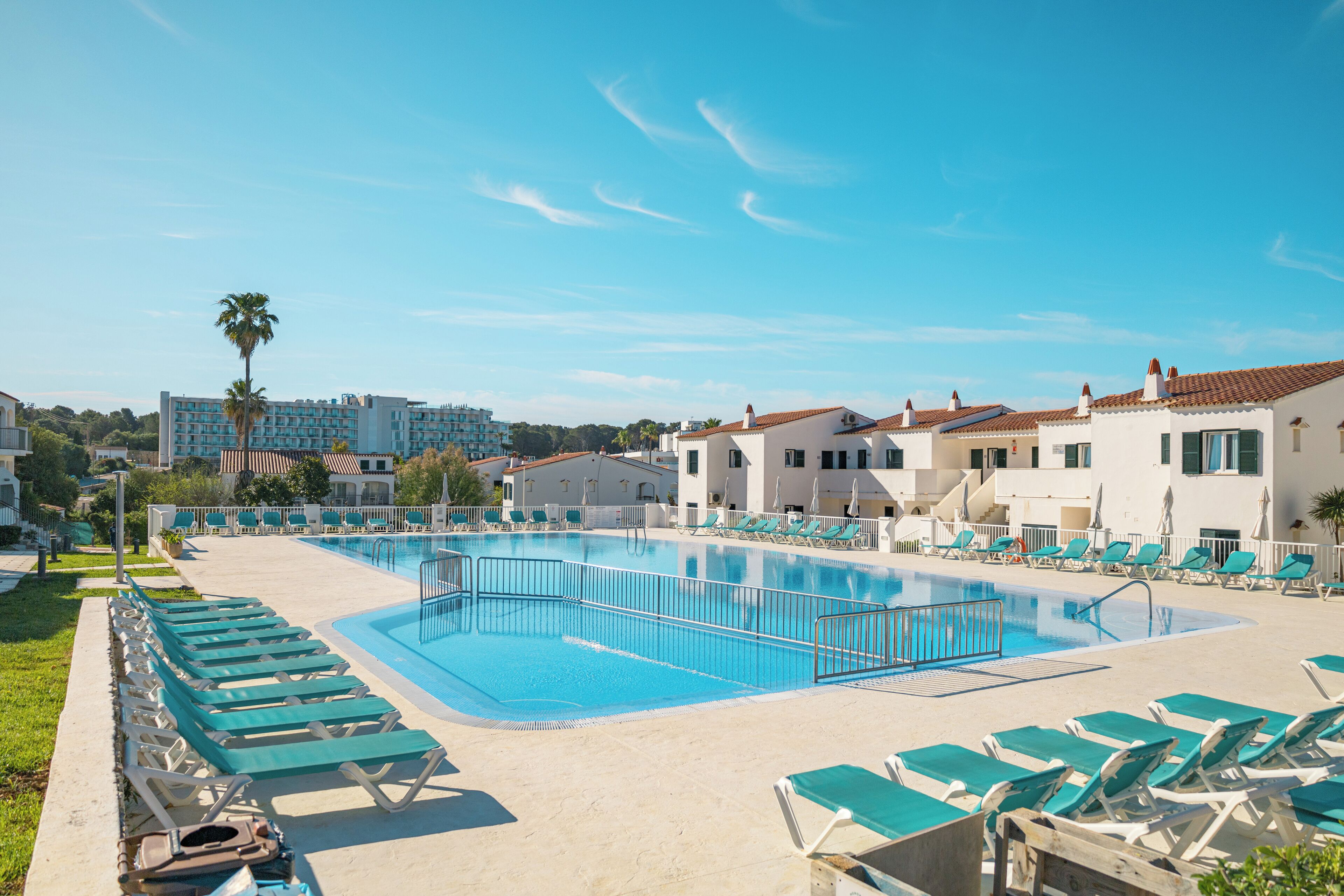 A swimming pool with lounge chairs, a palm tree, and buildings in the background.