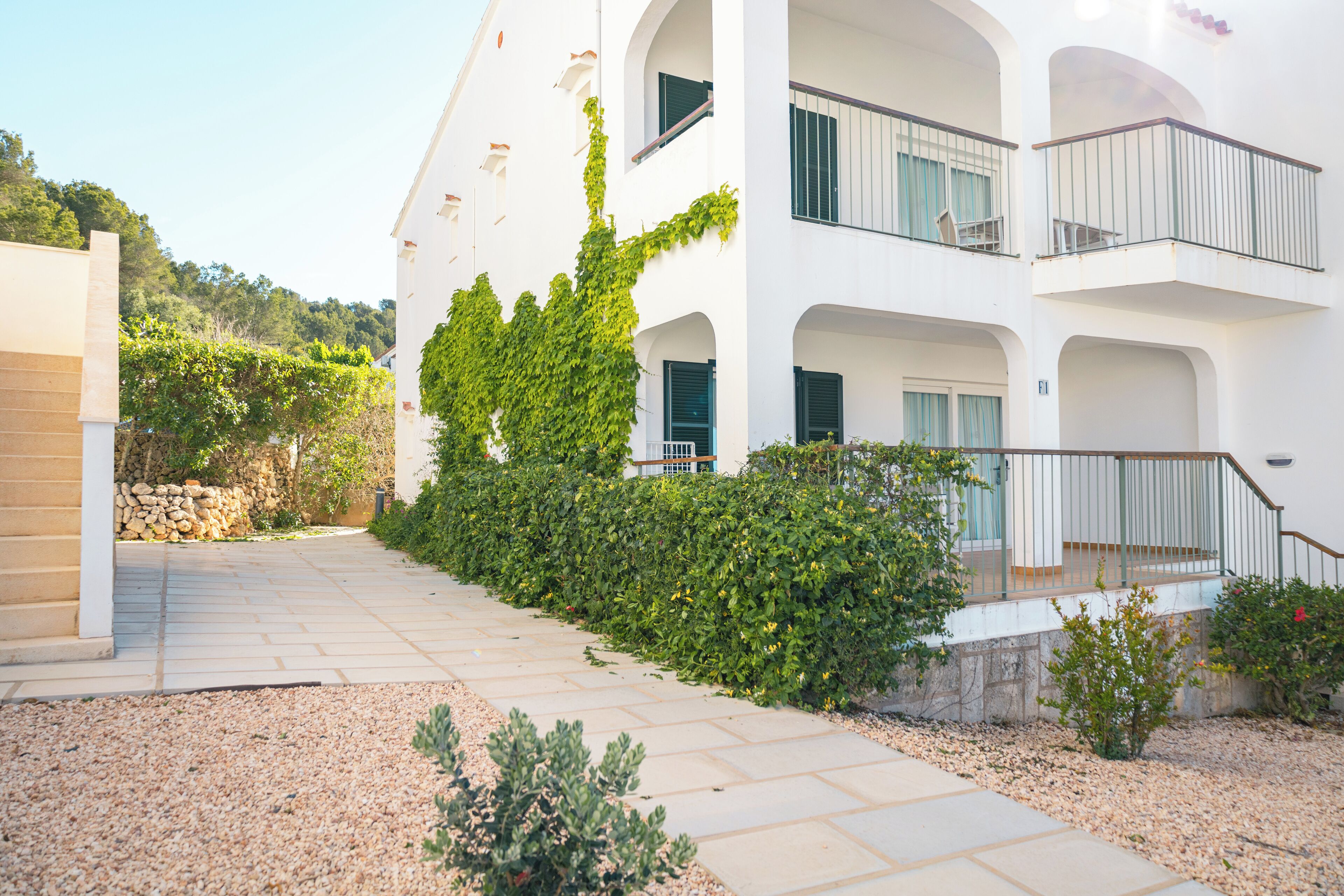 A modern building with a stone pathway, greenery, and a clear sky.