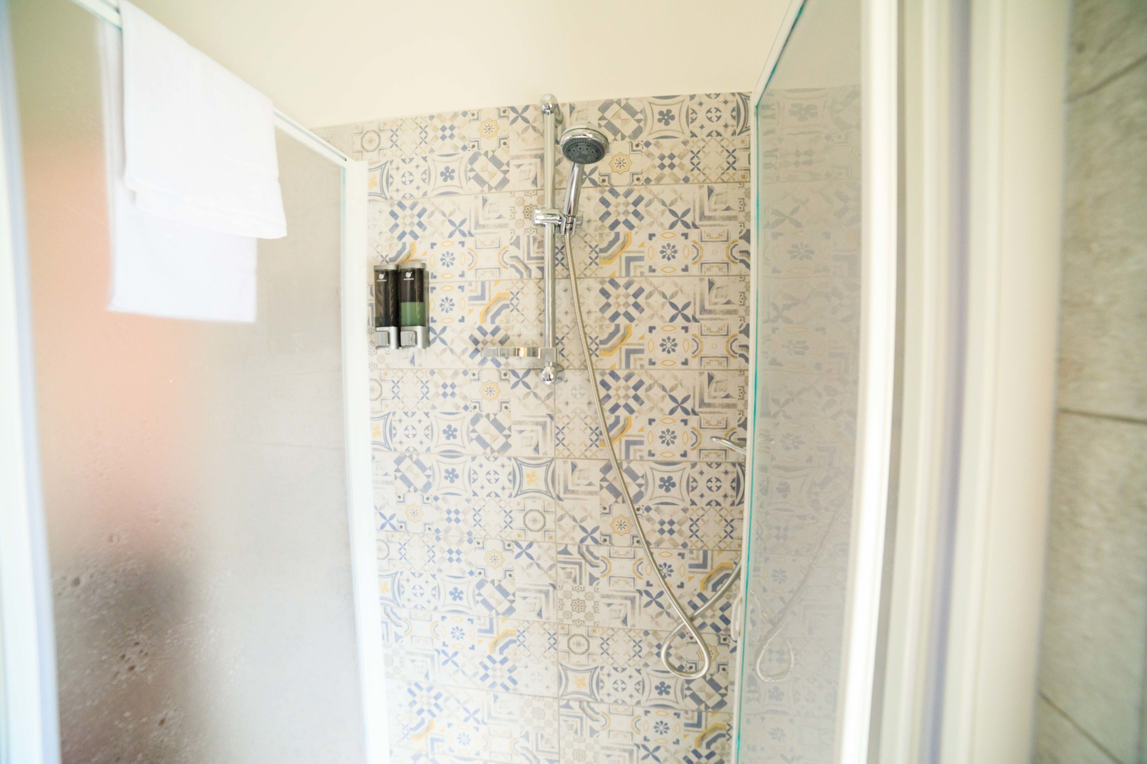 Ducha con pared de azulejos estampados y puerta de vidrio.