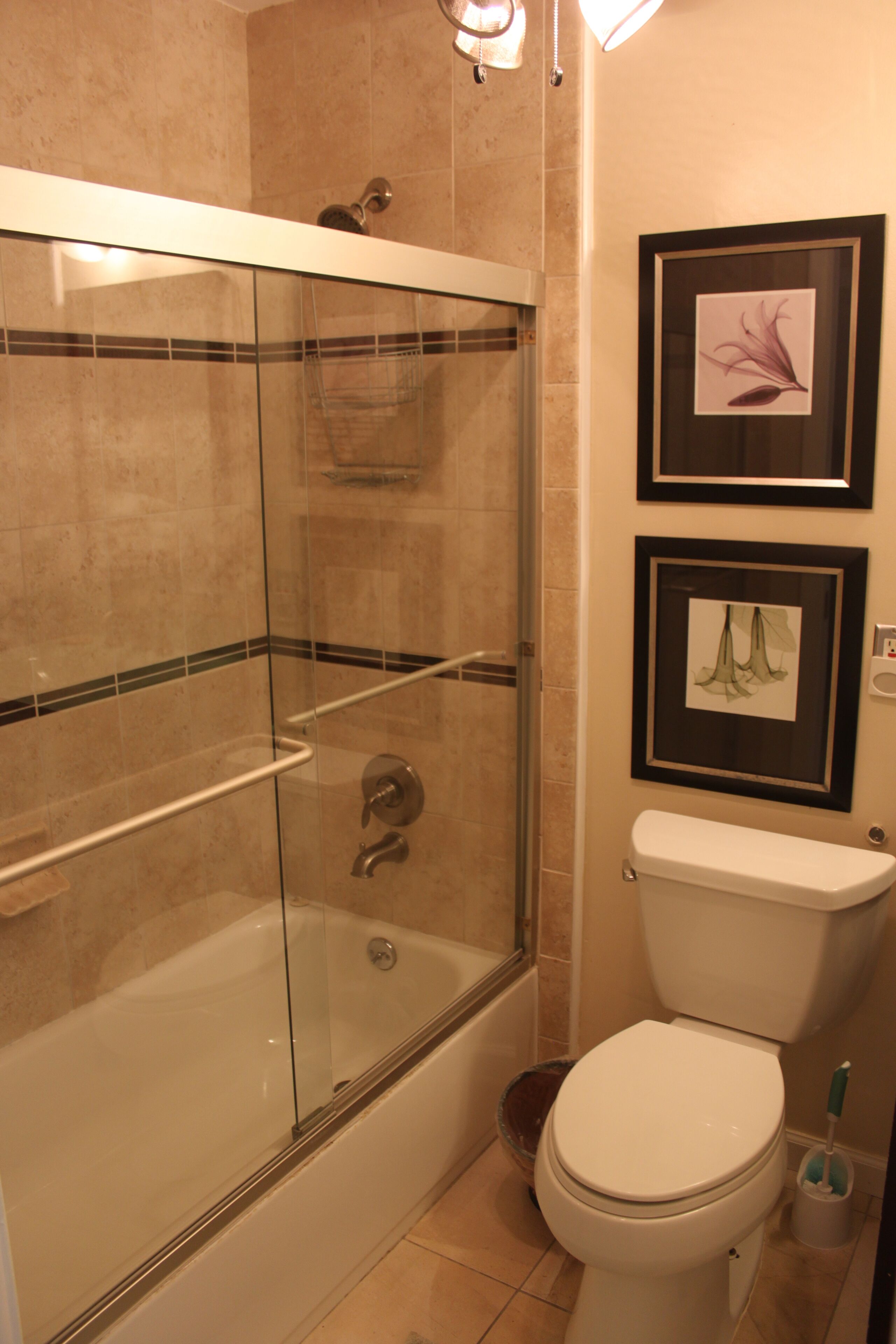 A bathroom with a glass-enclosed shower, a toilet, and two framed pictures on the wall.
