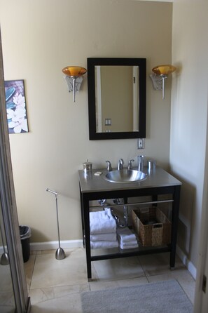 Combined shower/tub, hair dryer, towels