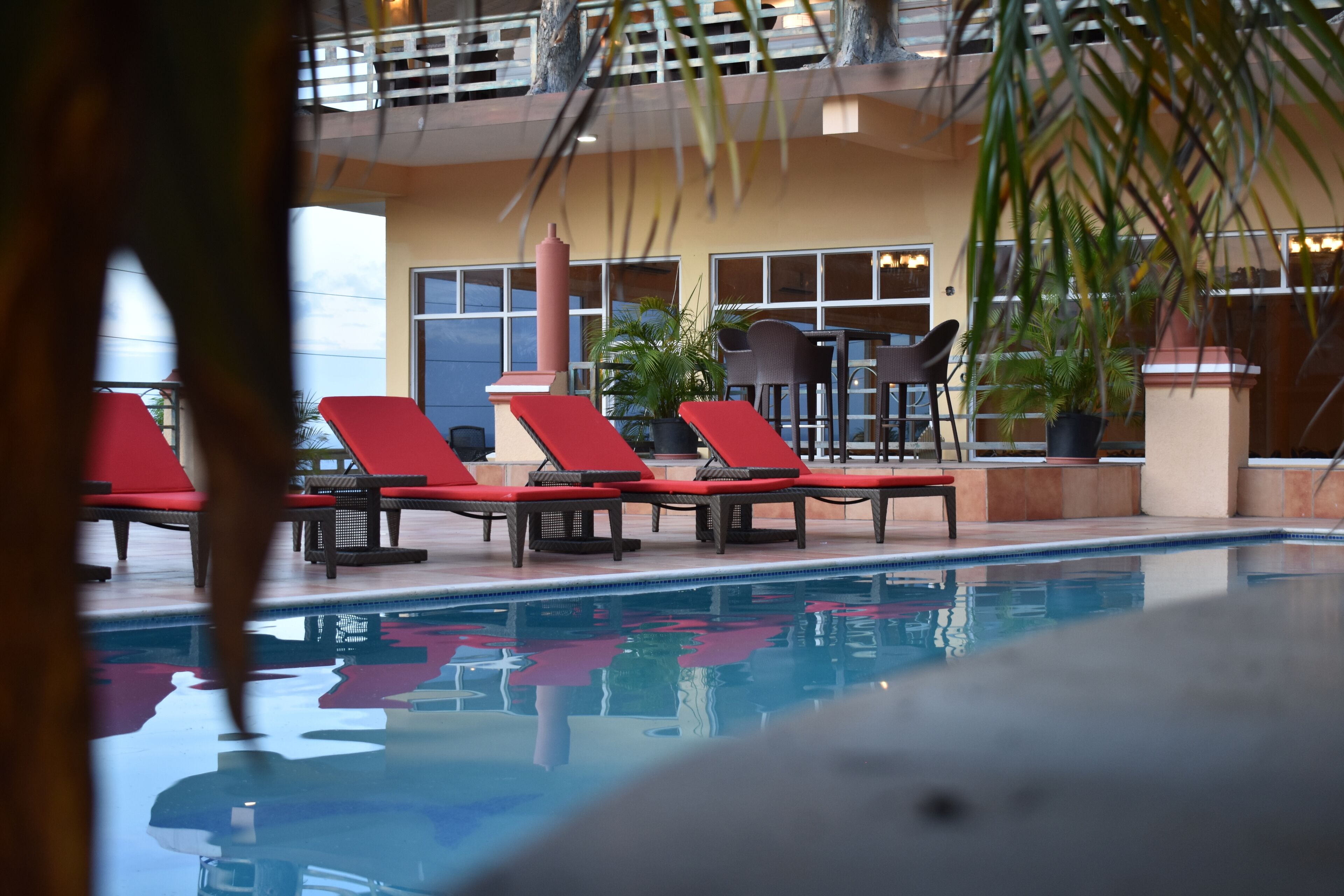 outdoor pool, pool umbrellas, pool loungers