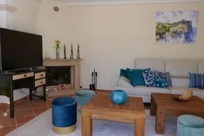 Smart TV, lareira, livros