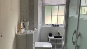 Un bagno con il water, una doccia e una finestra con vista.