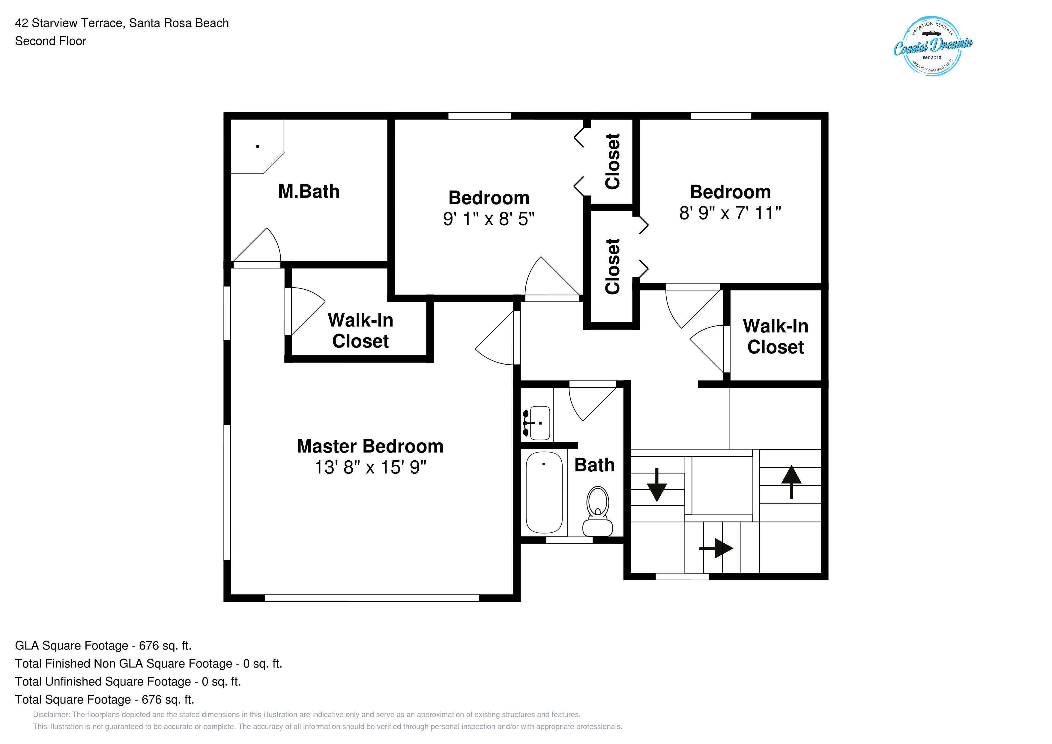 A floor plan of a property at 42 Starview Terrace, Santa Rosa Beach, Second Floor, including a master bedroom, two smaller bedrooms, a bathroom, and walk-in closets.