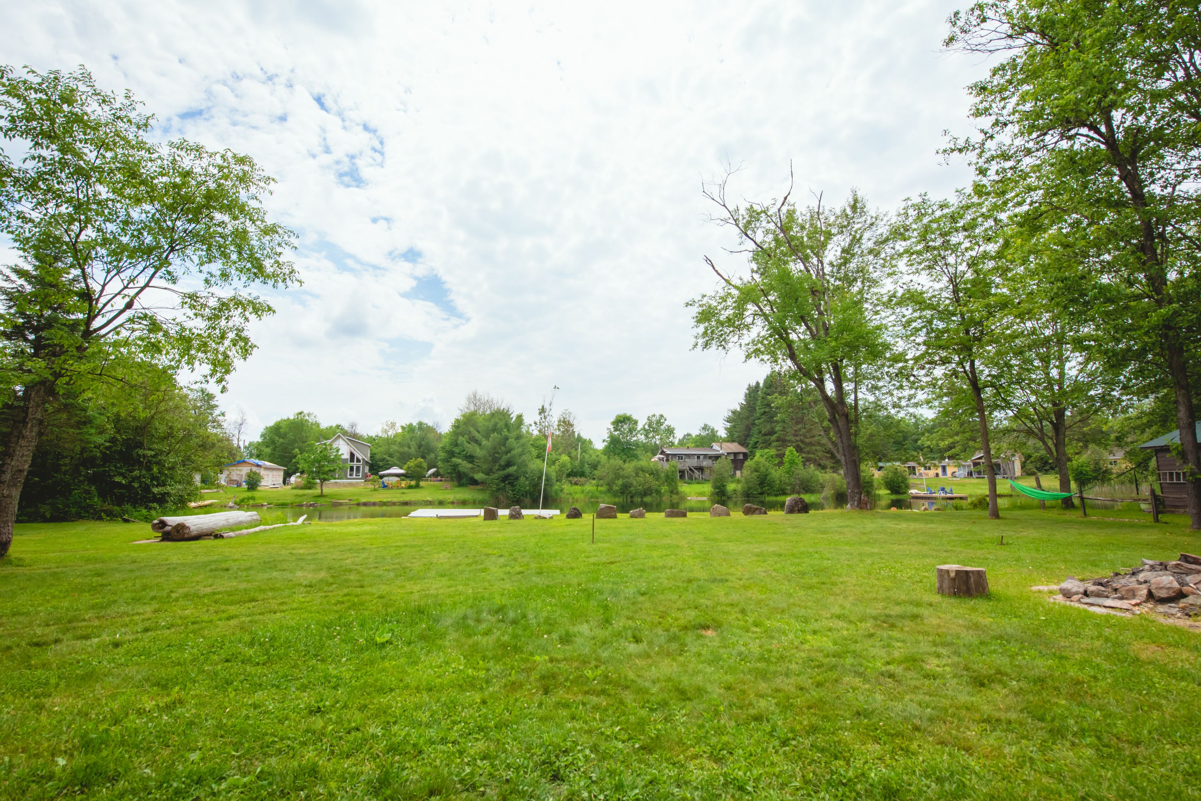 A grassy outdoor area with trees, a flagpole, and a hammock.