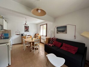 TV, fireplace - Cozy 2-BR Apartment with Fireplace, Terrace, and Ski Access in Arêches-Beaufort (Arêches-Beaufort)