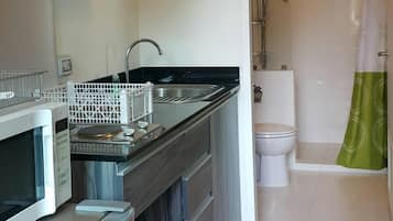 Fridge, microwave, oven, cookware/dishes/utensils