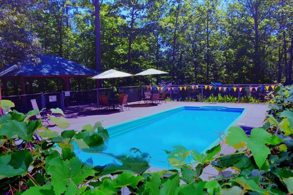 Una piscina rectangular con superficie de agua azul, rodeada por un patio cercado con mobiliario exterior y sombrillas.