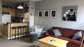 Flat-screen TV, fireplace, DVD player