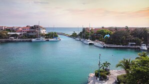 A marina with several yachts docked, surrounded by residential buildings and palm trees. - Chac Hal Al, Casa Calandria lovely studio steps from the beach. (Puerto Aventuras)