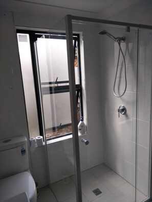 Shower, hair dryer, towels, soap