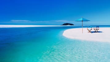 Plage, chaises longues, serviettes de plage
